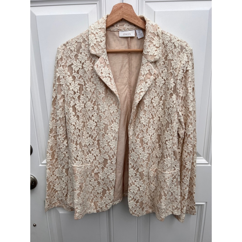 Chicos Floral Lace Blazer Cream Tan Open Front Jacket Size 2 L Large